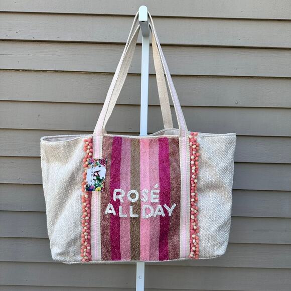 America and Beyond ROSE ALL DAY Tan Pink Large Tote Shoulder Beach Bag New - Picture 1 of 16